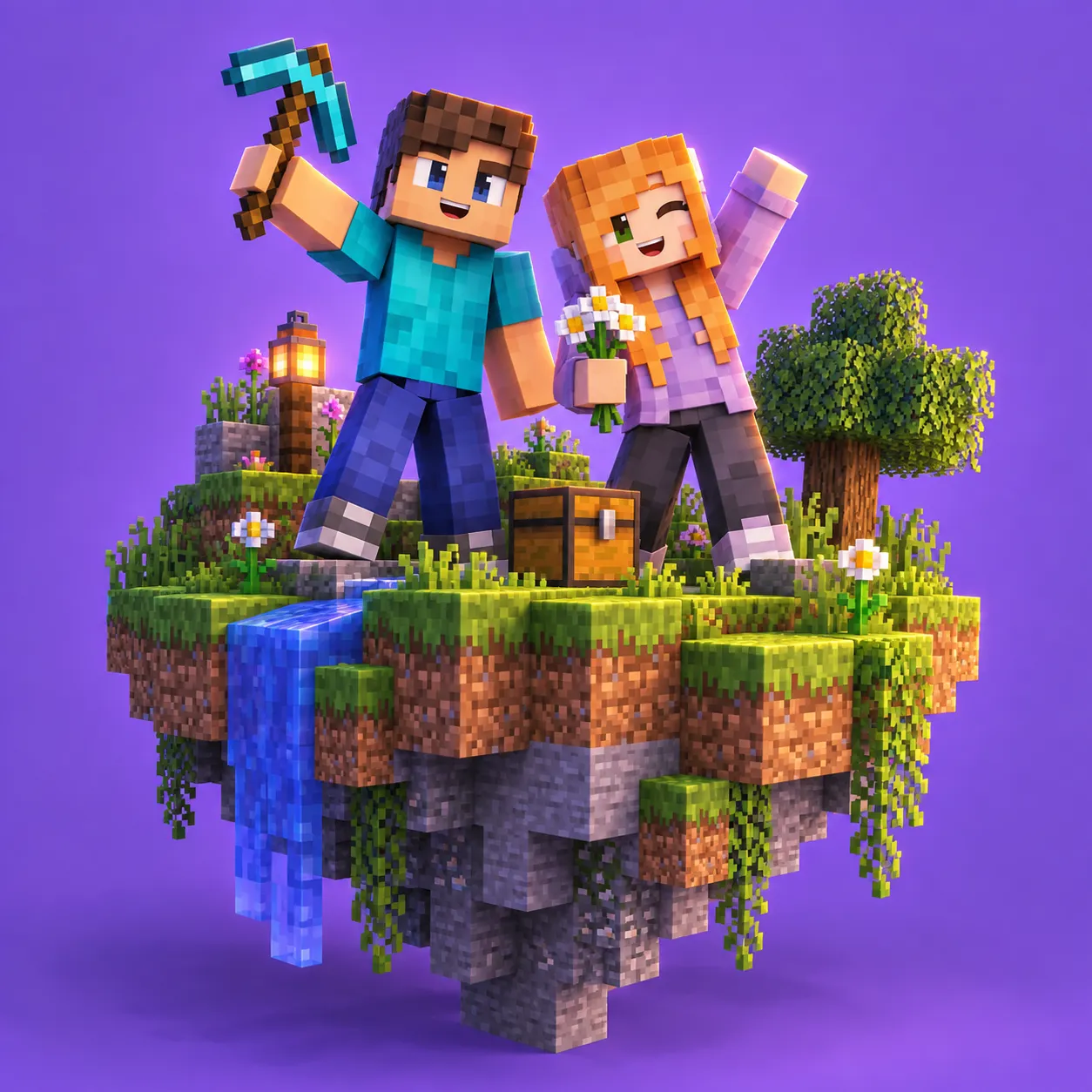 Dwoje uśmiechniętych graczy Minecraft na kwitnącej wyspie
