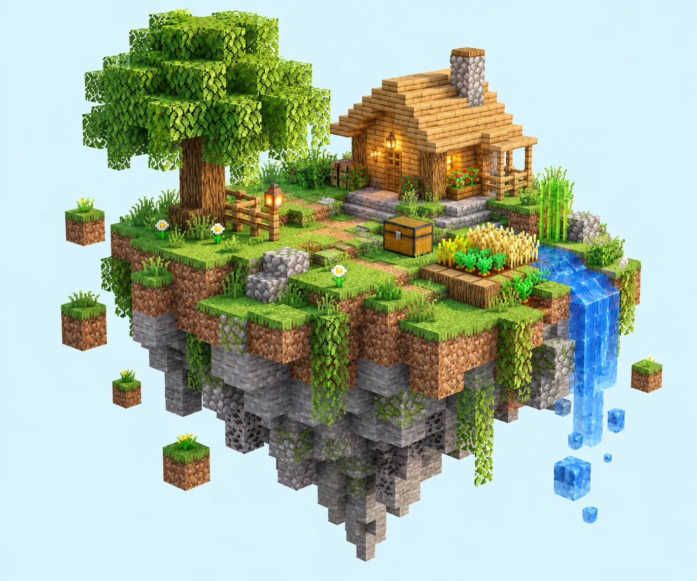 Podniebna wyspa SkyBlock z domkiem i wodospadem